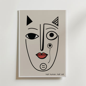 Half Human Half Cat-poster från Bozetto: Minimalistisk teckning av ett ansikte med röd mun, stor kattöra och texten 