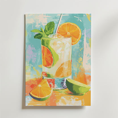 Golden Citrus Fizz Poster från Bozetto visar en cocktail med is, lime, apelsinskivor och mynta, bredvid citrusklyftor på en abstrakt bakgrund - perfekt för att ge färg till ditt rum.