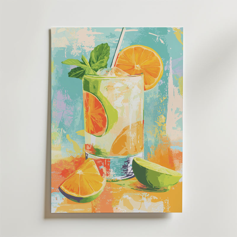 Golden Citrus Fizz Poster från Bozetto visar en cocktail med is, lime, apelsinskivor och mynta, bredvid citrusklyftor på en abstrakt bakgrund - perfekt för att ge färg till ditt rum.