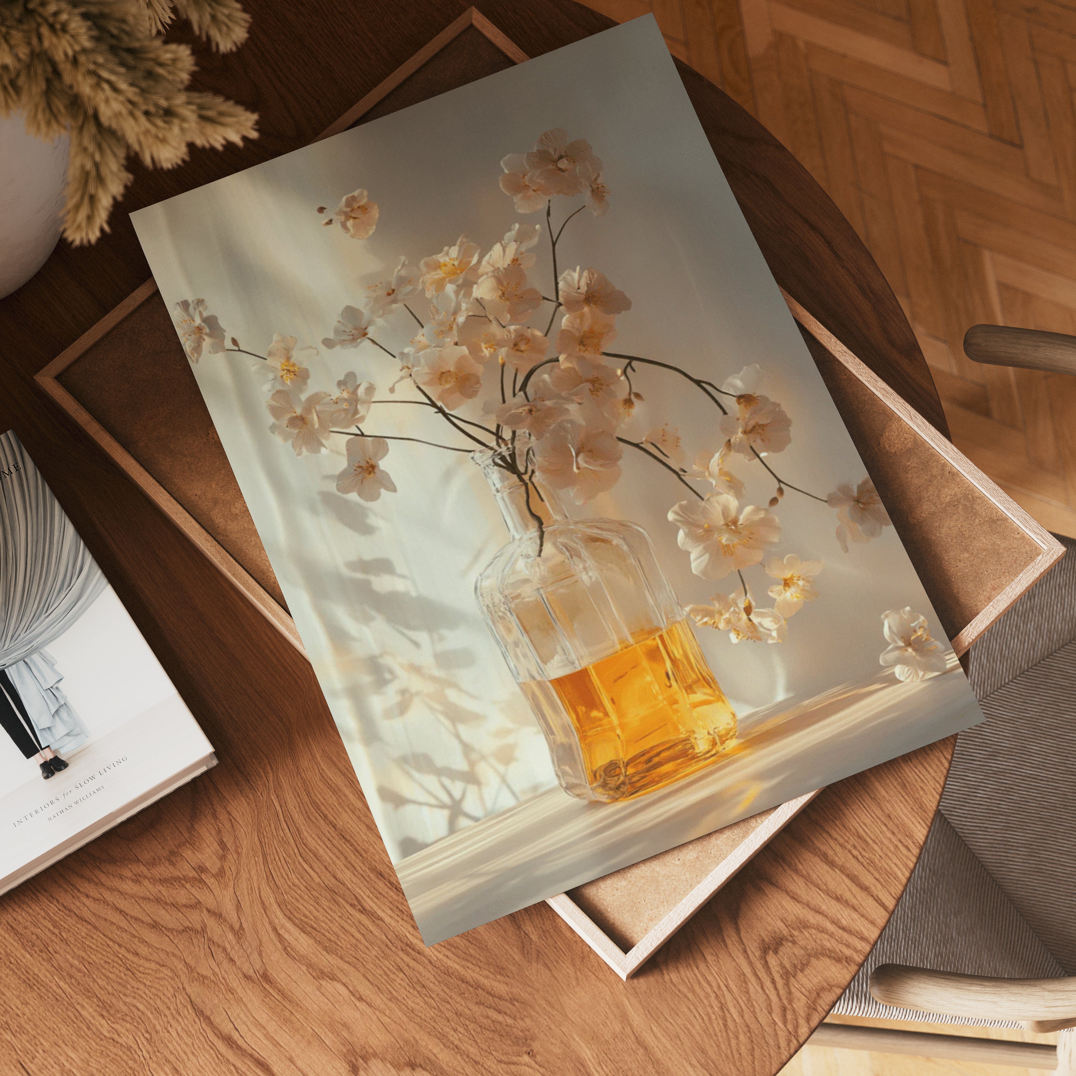 Glass vase with amber liquid poster