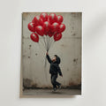 En ung pojke i svart huvtröja håller röda dollarsignaturballonger mot en beige vägg - Bozetto Dreams for Sale Poster, tryckt på premiumpapper med matt yta.