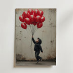 En ung pojke i svart huvtröja håller röda dollarsignaturballonger mot en beige vägg - Bozetto Dreams for Sale Poster, tryckt på premiumpapper med matt yta.