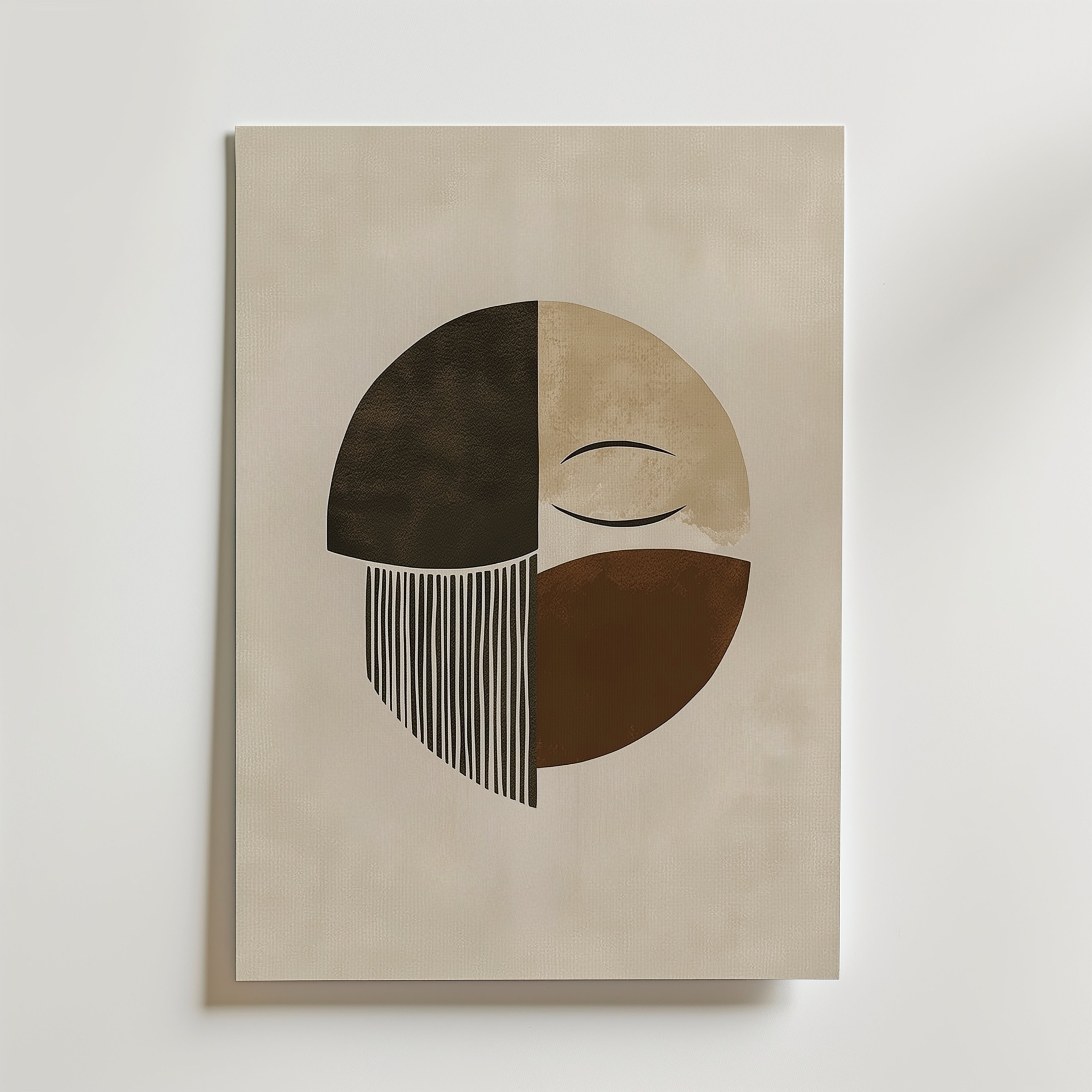 Bozetto Abstract Face Circle Poster är ett minimalistiskt konstverk på premiumpapper med en beige bakgrund, en jordnära delad cirkel och en enkel böjd ögonlinje för en karakteristisk, miljövänlig design.