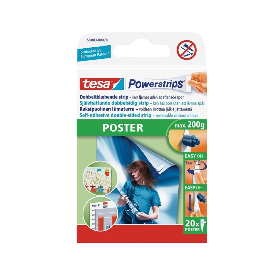 Tesa Dubbelhäftande Powerstrips 20st/fp från Tesa-smarta självhäftande strips för affischer upp till 200g. Lämnar inga märken vid borttagning och innehåller bilder och instruktioner för enkel användning.