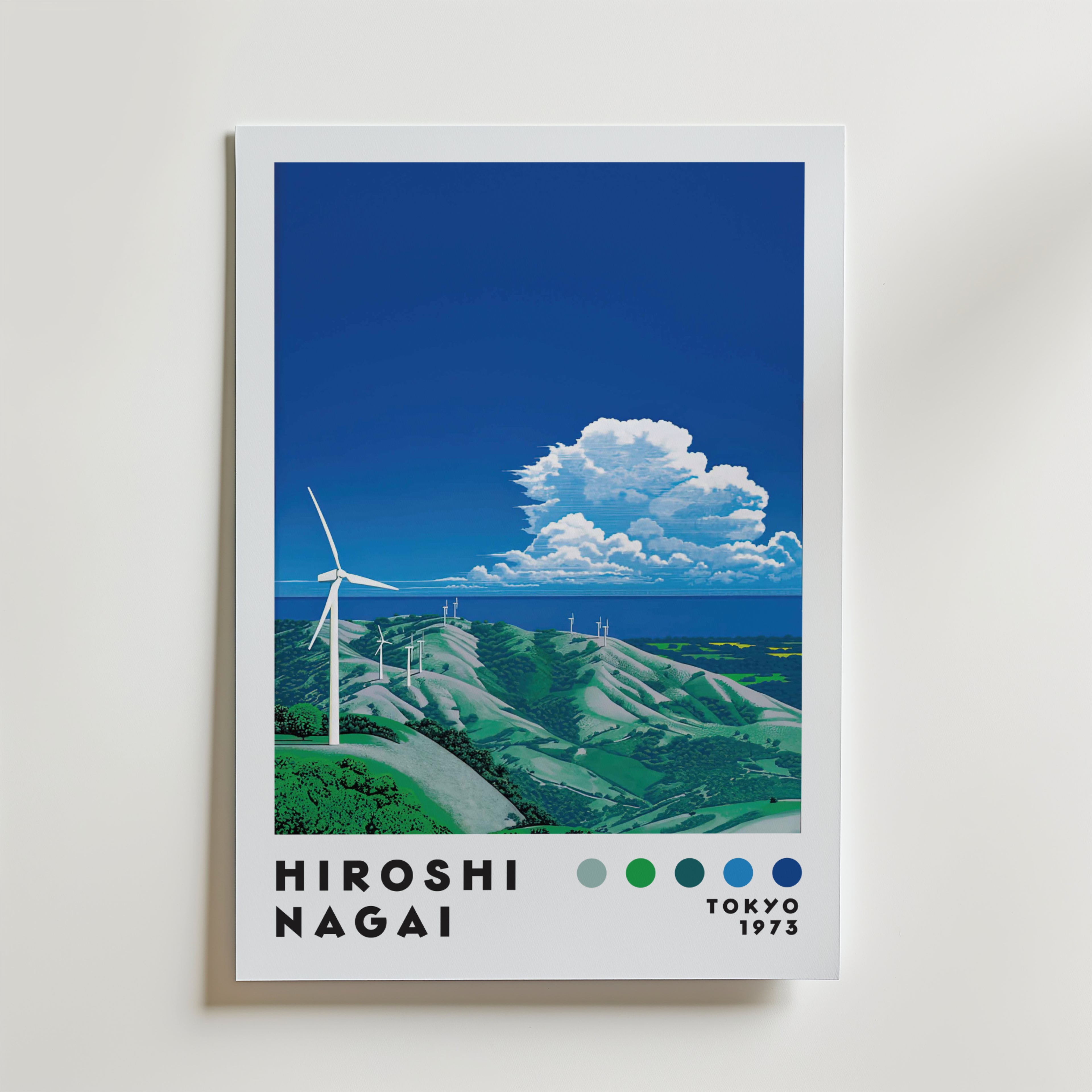 Affischen Bozetto Hiroshi Nagai Wind Turbines Hillside Poster visar vindkraftverk på gröna kullar under en blå himmel med moln, med "Hiroshi Nagai, Tokyo 1973" och blå och gröna färgklickar längst ner.