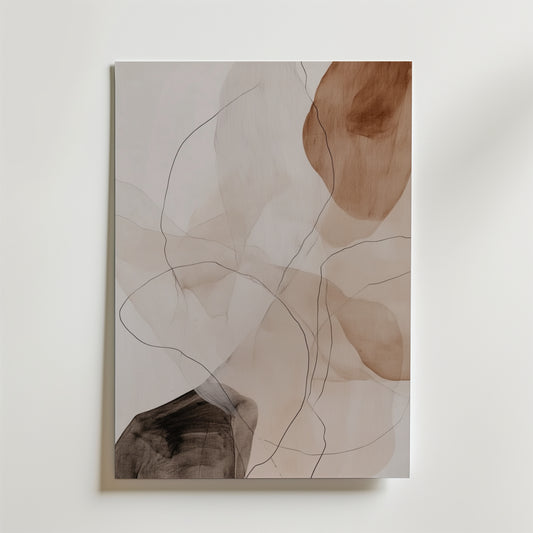 Whispering Shapes Poster från Bozetto: En minimalistisk och modern abstrakt konstposter med överlappande former i brunt, beige och svart, tryckt på FSC-certifierat premiumpapper med tunna svarta linjer mot vit bakgrund.