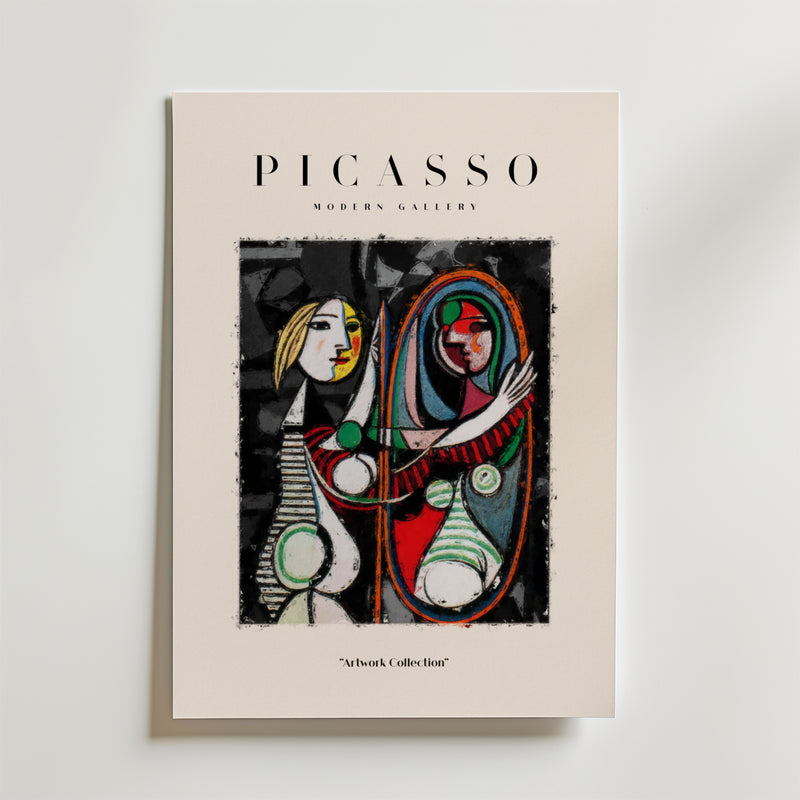 En Picasso inspirerad Mirror Poster från Bozetto, med BOZETTO högst upp, visar en färgstark abstrakt av två kvinnor - en som rör vid en spegel - som påminner om Picassos kubistisk konst. "Artwork Collection" är tryckt nedan.