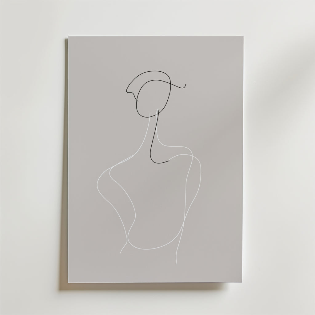 Bozetto Elegant Contour Poster har en minimalistisk linjeteckning av en mänsklig figur på grå canvas, med flytande svarta och vita linjer - ett abstrakt konstverk som är perfekt att visa på premiumpapper.