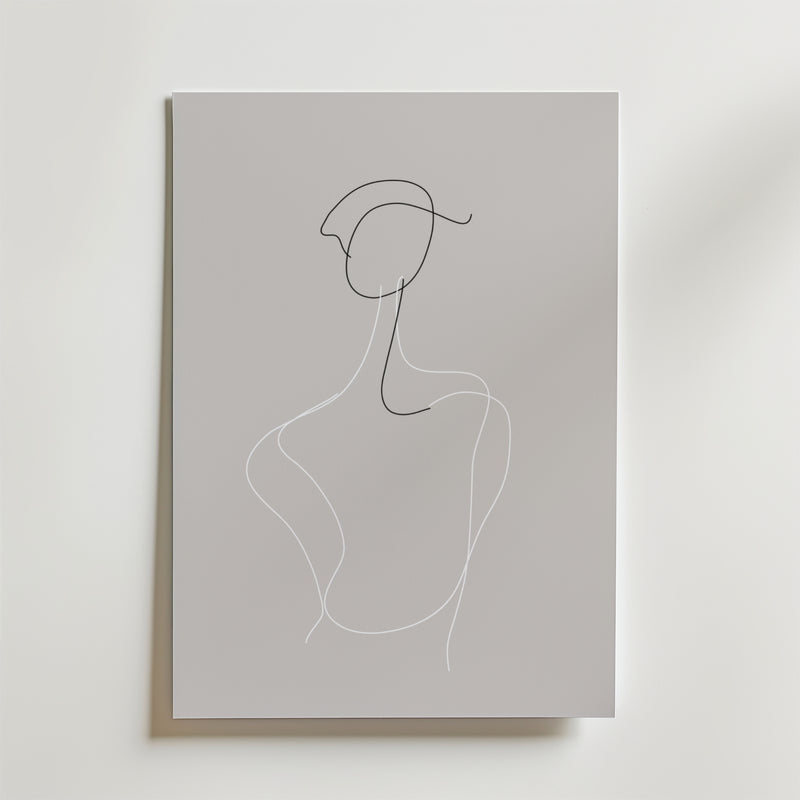 Bozetto Elegant Contour Poster har en minimalistisk linjeteckning av en mänsklig figur på grå canvas, med flytande svarta och vita linjer - ett abstrakt konstverk som är perfekt att visa på premiumpapper.