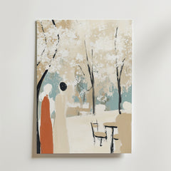 Minimalistiskt konstverk av två figurer under blommande träd i en park. Bozetto Golden Sunflower Poster är tryckt på premiumpapper med matt yta, med mjuka pasteller för en lugn och rofylld känsla.