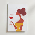 Lady in Yellow Poster by Bozetto: Den minimalistiska postern föreställer en brunhyad kvinna med mörkt hår i en knut, klädd i en gul off-shoulder klänning och med rödvin i handen. Tryckt på premiumpapper för elegant inredning med en raffinerad vit bakgrund.