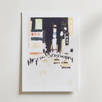 Bozetto's Abstract City Poster visar en livlig nattgata med gula taxibilar, lysande skyltar och livliga folkmassor, perfekt för modern inredning och tryckt på elegant premiumpapper.