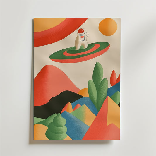 Bozetto Cosmic Safari Poster visar en astronaut på en svävande plattform ovanför abstrakta berg och träd under en orange sol, allt tryckt på premiumpapper med en lyxig matt finish för en drömsk, surrealistisk effekt.