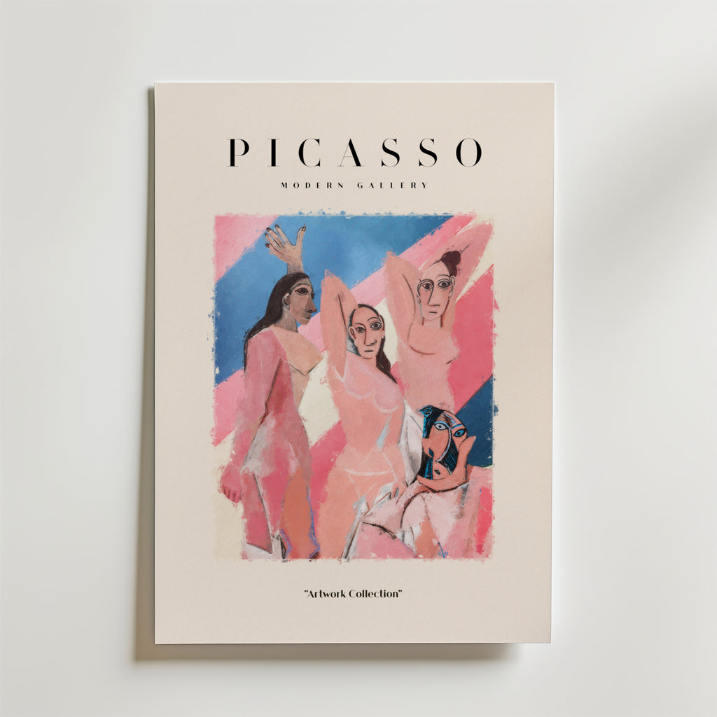 En Bozetto-affisch med titeln "Picassos fem kvinnor" med en kubismålning av abstrakta kvinnor med långsträckta lemmar på en rosa och blå geometrisk bakgrund. Text: PICASSO PICASSO Modern Gallery and Artwork Collection konsttryck.