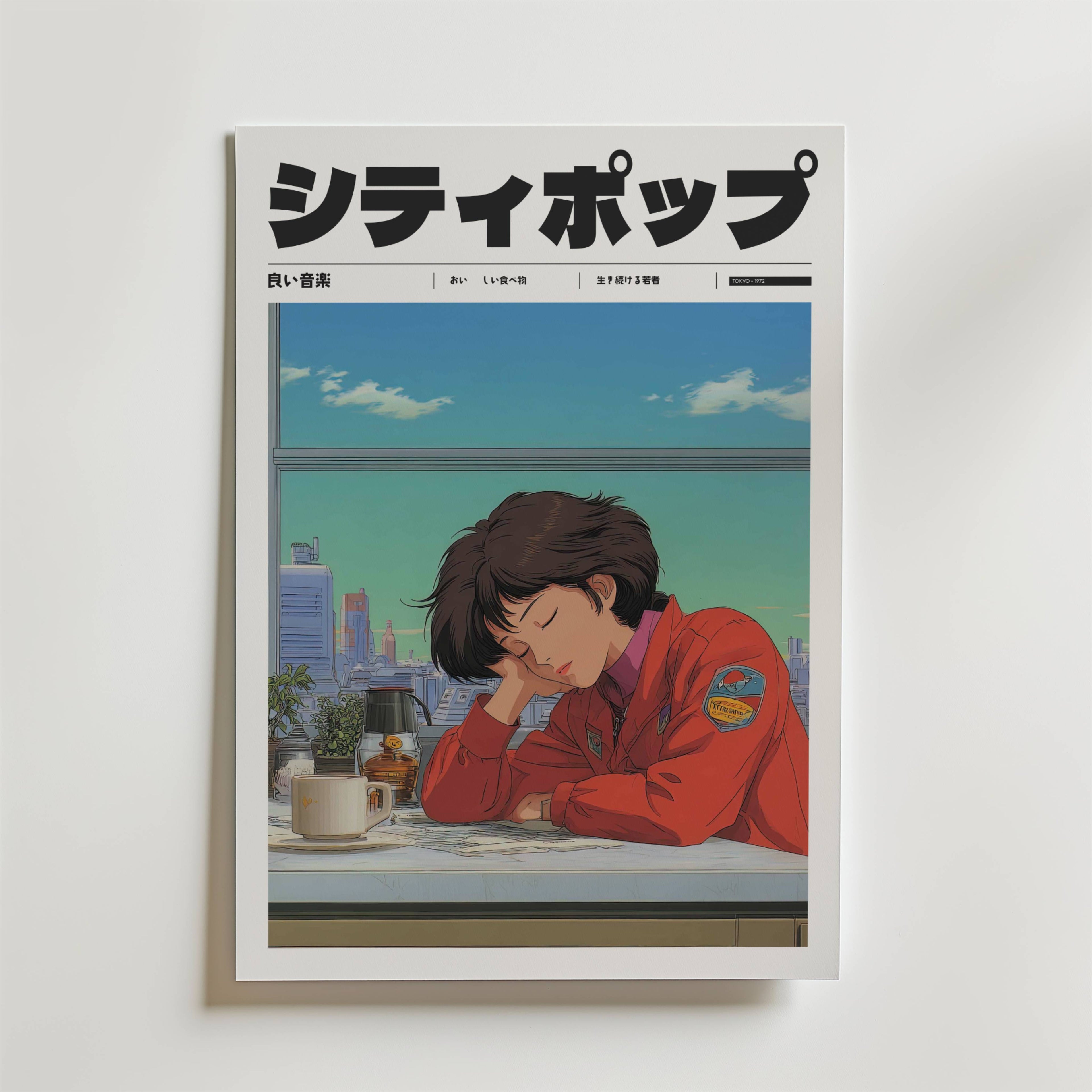 Bozetto's City Nap Poster föreställer en animerad kvinna med kort mörkt hår i en röd jacka som vilar vid ett fönster med utsikt över en stadsbild, med japansk text ovanför som framkallar stillhet och är perfekt för en elegant väggdekoration.