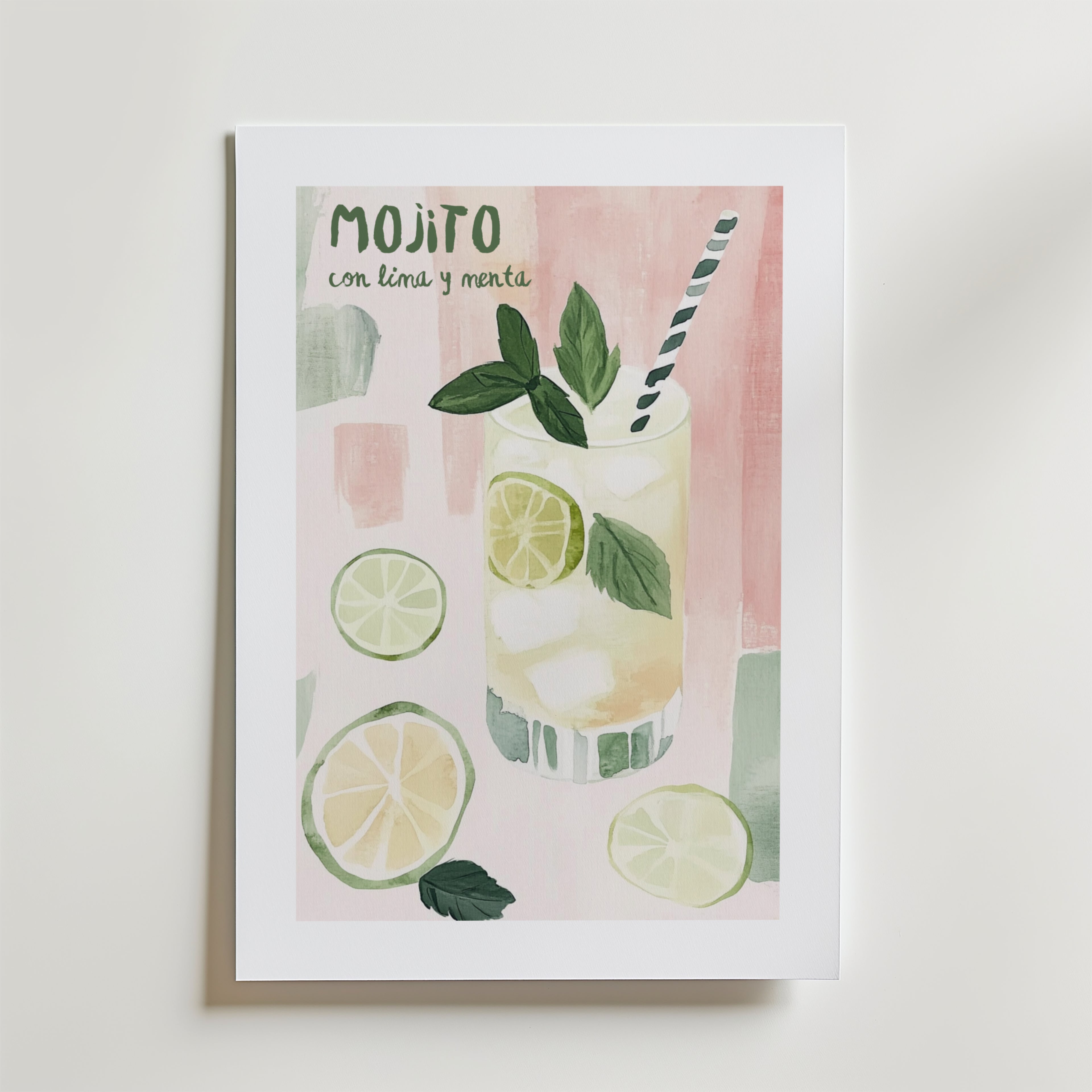 Bozetto Mojito Con Lima Y Menta Poster föreställer limeskivor, myntablad och ett randigt sugrör på en rosa och vit bakgrund, tryckt på FSC-certifierat premiumpapper med en lyxig matt finish.