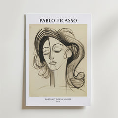 Bozettos Picasso Serene Elegance Poster visar ett abstrakt linjeporträtt från 1946 - Portrait de Françoise - med stiliserade drag och elegant text som ramar in konstverket.