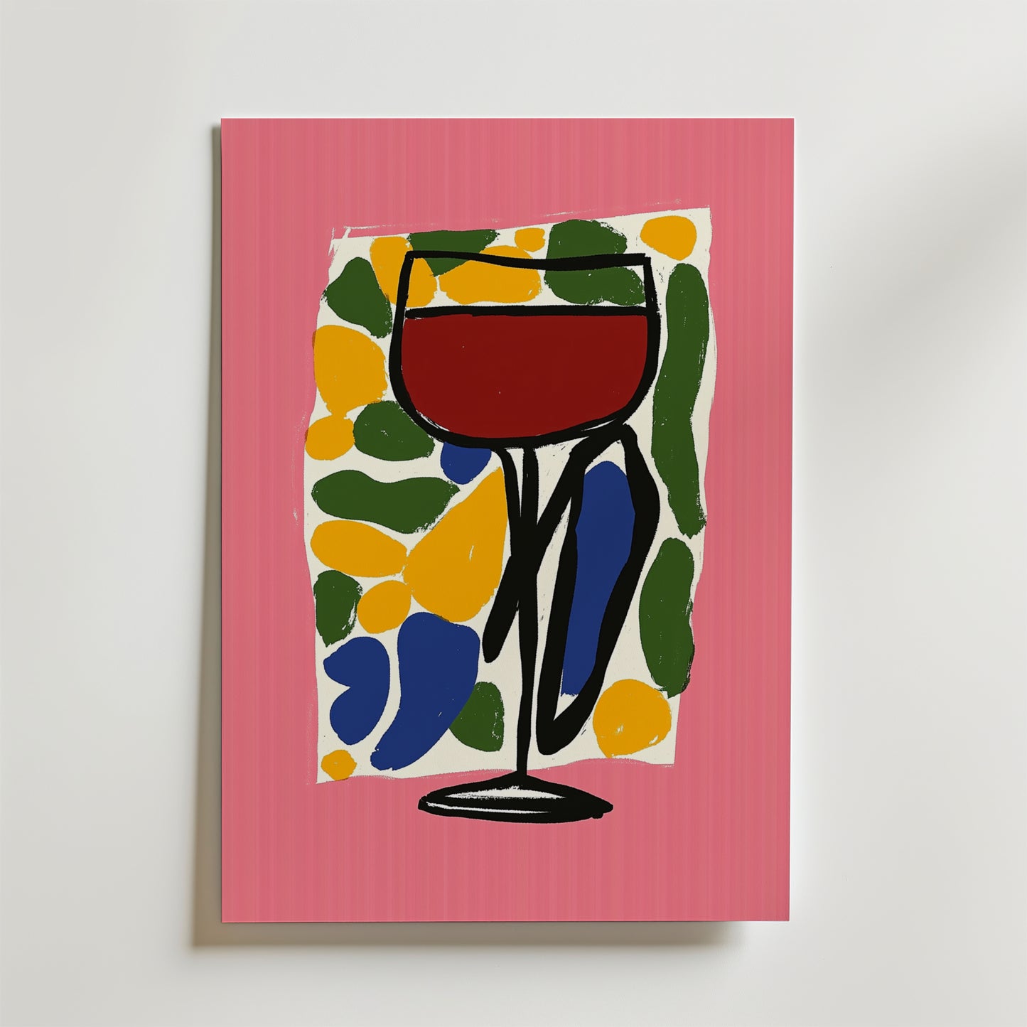 Bozetto Colorful Wine Glass Poster har en livfull abstrakt design med ett rött vinglas bland gula, gröna och blå former, kantat i rosa. Postern är tryckt på premiumpapper och ger en livfull touch till alla väggar.
