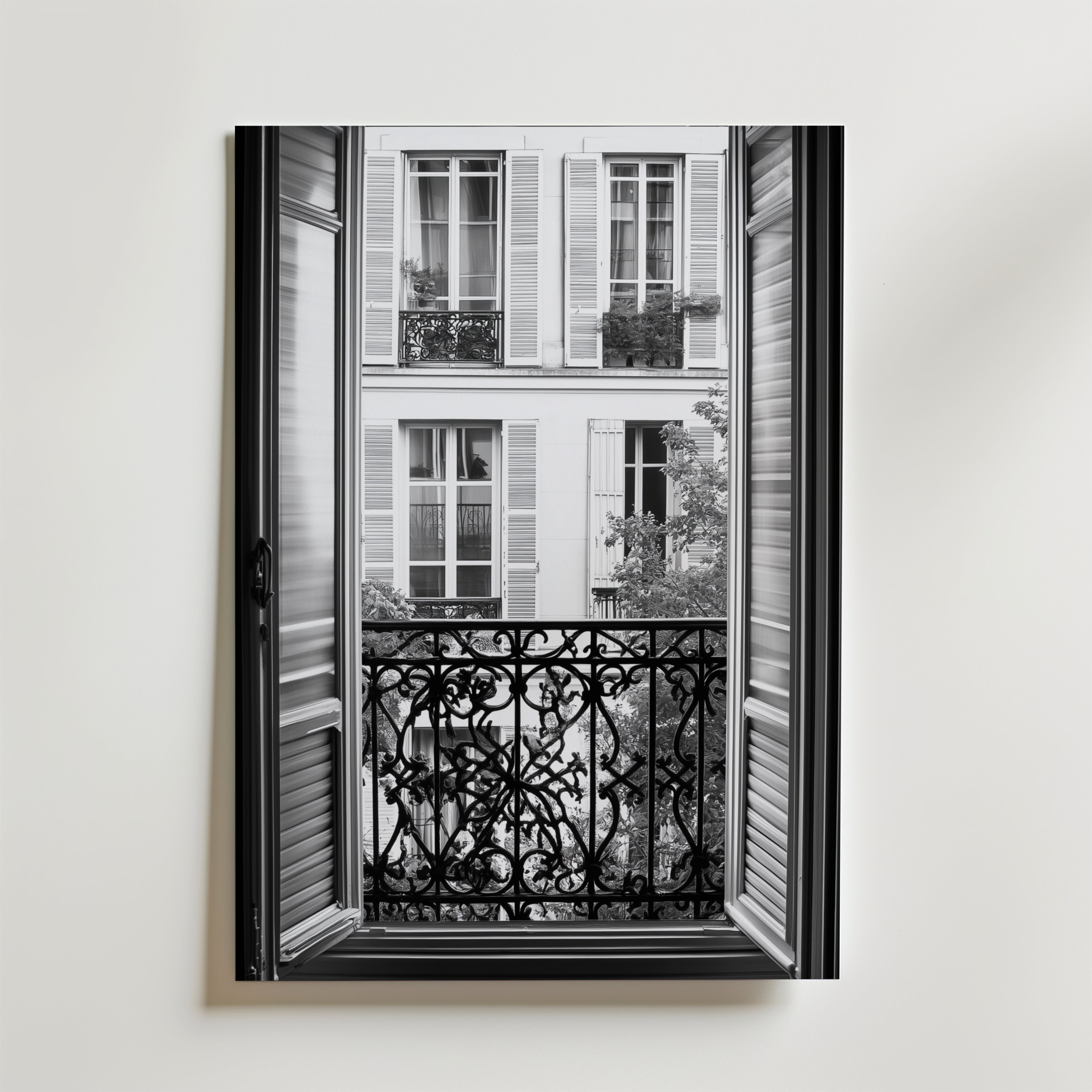 En svartvit Vintage Paris Balcony Poster från Bozetto föreställer ett öppet fönster med dekorativa järnräcken med utsikt över fönsterluckor och små balkonger, tryckt på premiumpapper med en matt finish.