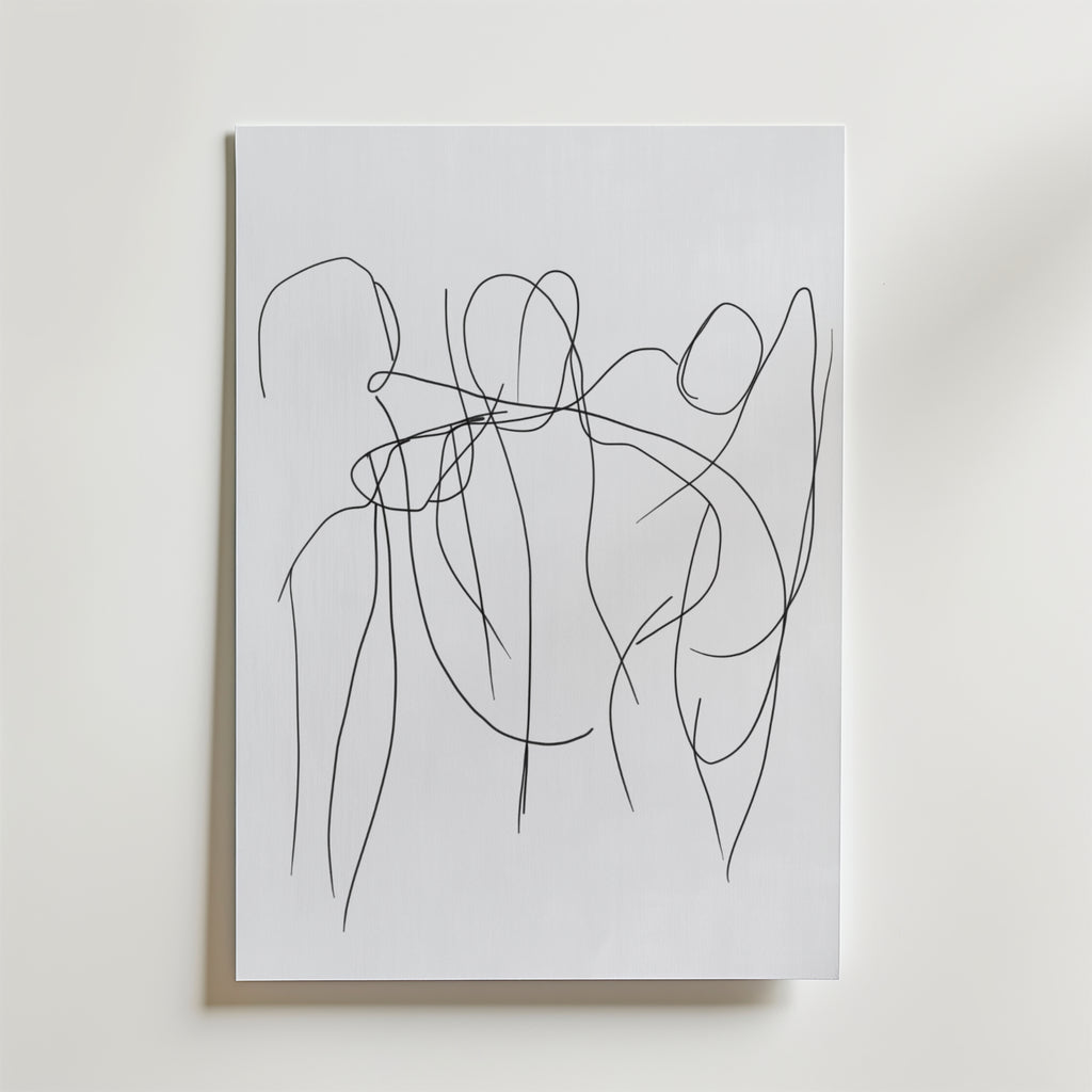 Bozetto Dancing Line Figures Poster har tunna svarta linjer som bildar abstrakta figurer i rörelse på en vit bakgrund, tryckt på FSC-certifierat premiumpapper, som fångar minimalistisk stil och dynamisk enkelhet.