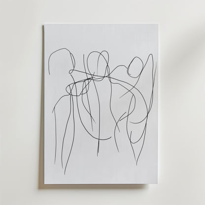 Bozetto Dancing Line Figures Poster har tunna svarta linjer som bildar abstrakta figurer i rörelse på en vit bakgrund, tryckt på FSC-certifierat premiumpapper, som fångar minimalistisk stil och dynamisk enkelhet.