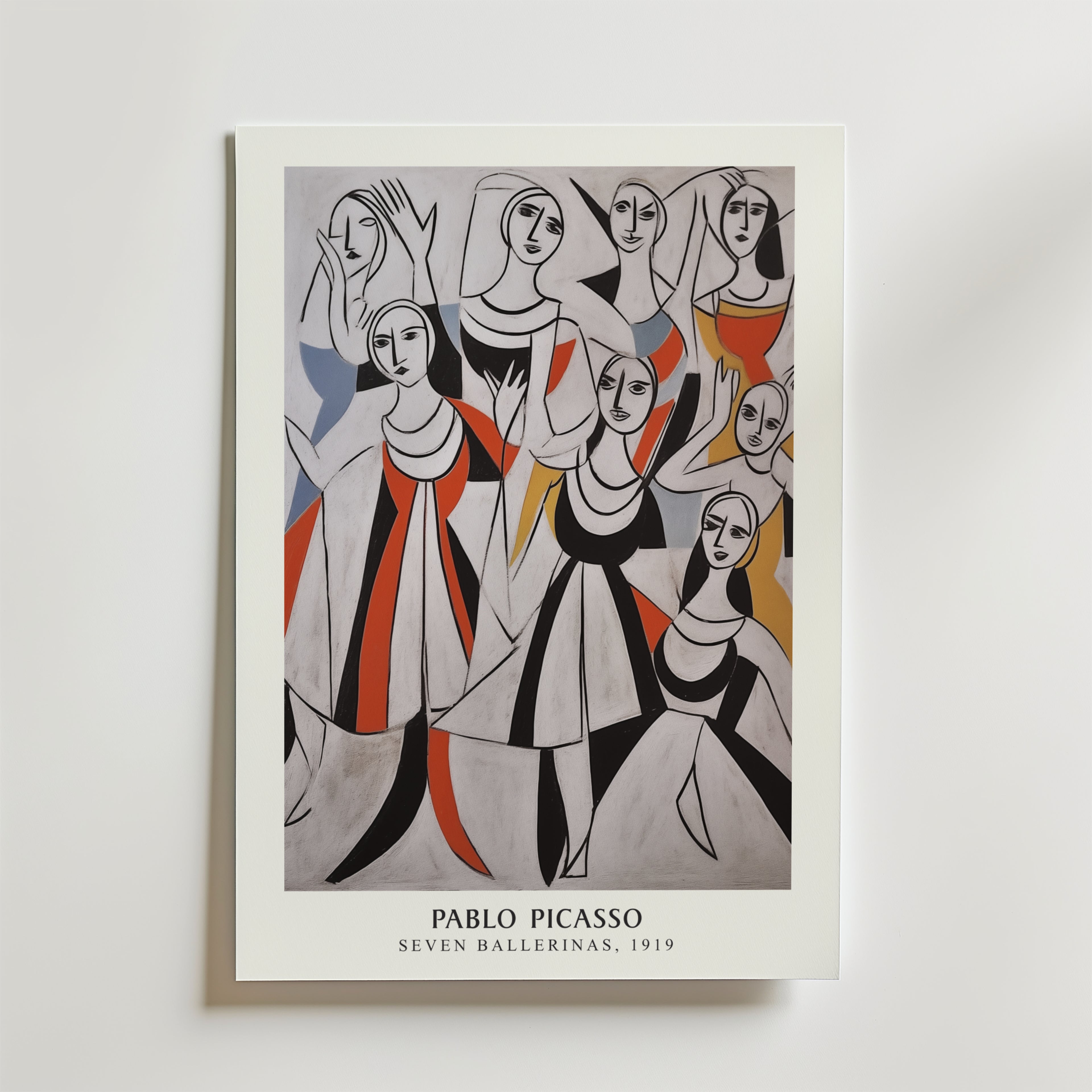 Bozetto "Picasso Geometry Of Grace Poster" föreställer abstrakta, stiliserade ballerinor med långsträckta lemmar och geometriska former i svarta, vita, röda, gula och grå toner. Inspirerad av Picassos balettkonstverk från 1919.