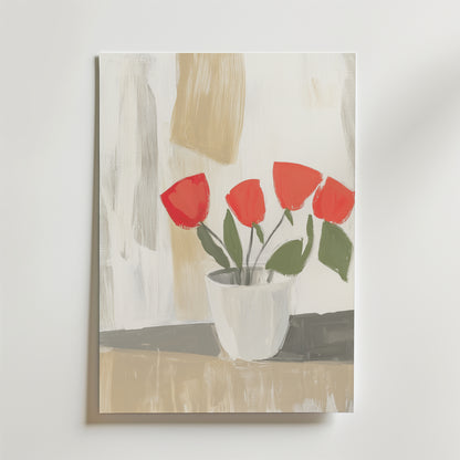 Bozetto Orchid Tranquility Poster visar tre röda blommor med gröna blad i en vit vas på en neutral beige och grå abstrakt bakgrund, tryckt på premiumpapper för en lugn inredningsaccent.