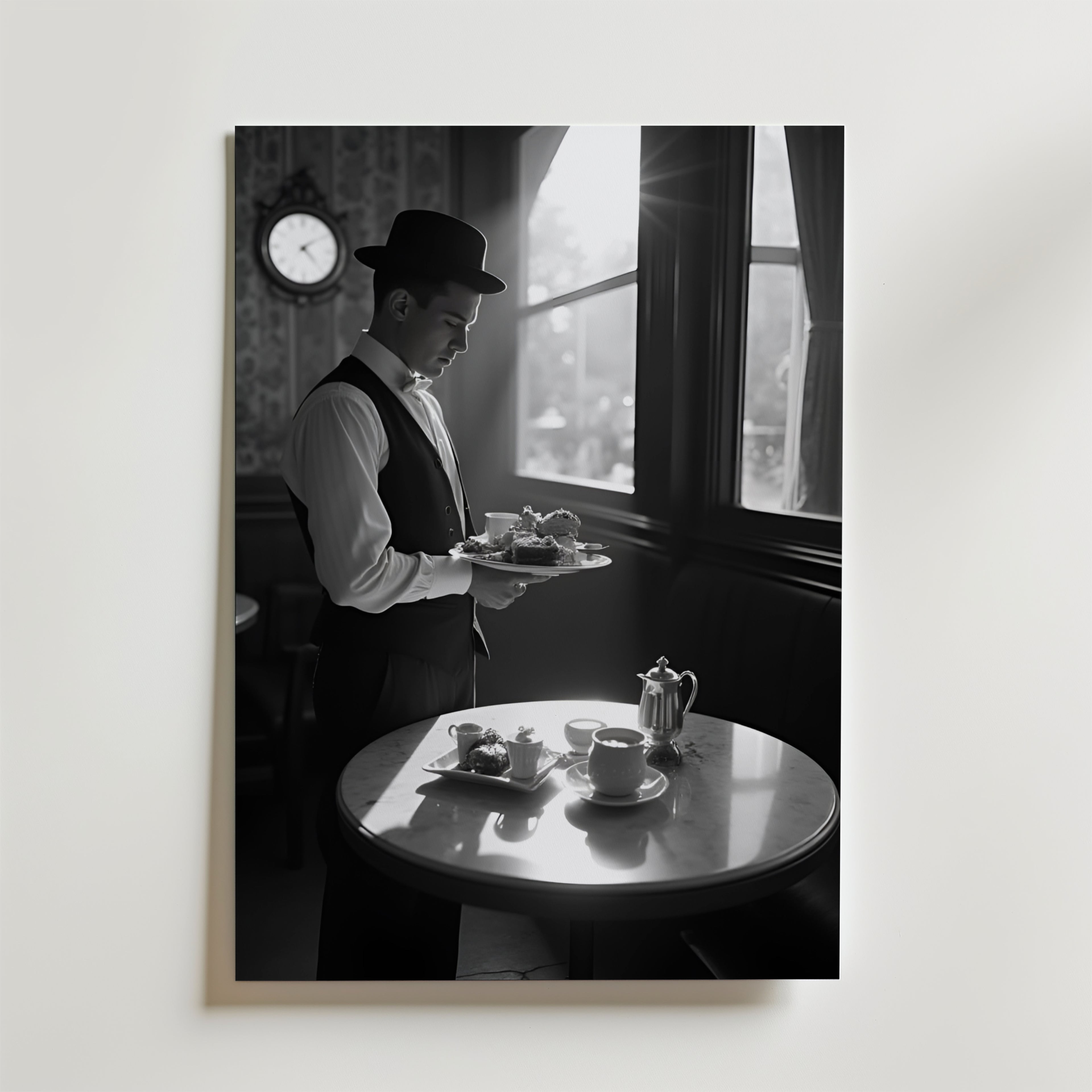 En servitör i vintagekläder serverar te och bakverk vid ett solbelyst bord och fångar Bozettos The Art Of Service Poster-stil. En klocka och stora fönster framkallar premiumpapper-atmosfär i denna eleganta caféscen.