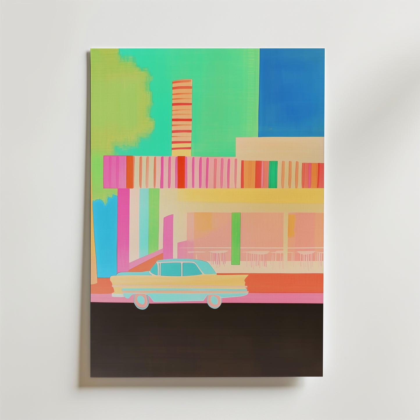 Neon Diner Daydream Poster från Bozetto föreställer en diner i retrostil med vertikala ränder, stora fönster och en klassisk blå bil som blandar vintage charm med modern konst mot en livfull abstrakt bakgrund.