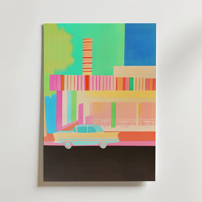 Neon Diner Daydream Poster från Bozetto föreställer en diner i retrostil med vertikala ränder, stora fönster och en klassisk blå bil som blandar vintage charm med modern konst mot en livfull abstrakt bakgrund.