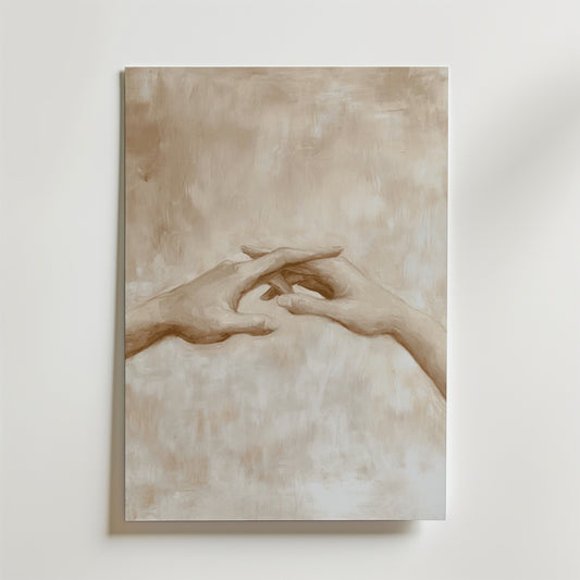 Bozetto Holding Hands Poster visar två händer som sträcker ut sig mot en mjuk, abstrakt sepiabakgrund, tryckt på premiumpapper - ett snyggt tillägg till elegant inredning.