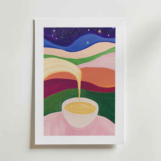 Bozetto Retro Coffee in Space Poster föreställer en inramad abstrakt skål med hällande vätska, bland vågiga kullar och en stjärnklar natthimmel. Den är tryckt på matt premiumpapper och har starka rosa, gröna, blå och gula färger.