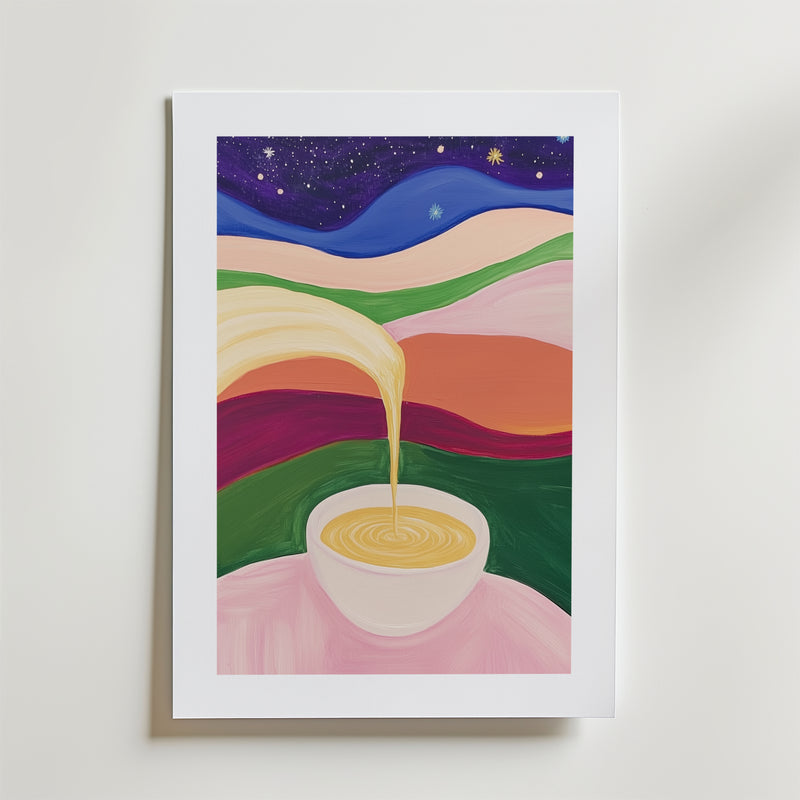 Bozetto Retro Coffee in Space Poster föreställer en inramad abstrakt skål med hällande vätska, bland vågiga kullar och en stjärnklar natthimmel. Den är tryckt på matt premiumpapper och har starka rosa, gröna, blå och gula färger.