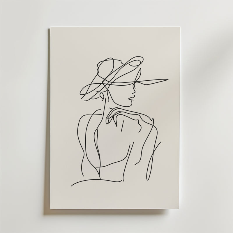 Bozetto Parisian Grace Poster har en minimalistisk linjeteckning av en kvinna med en bredbrättad hatt som utstrålar parisisk charm. Postern är tryckt på premiumpapper och avtecknar sig mot en krispigt vit bakgrund.