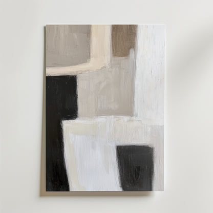 Abstract Balance Poster by Bozetto visar rektangulära former i svart, vitt, beige och taupe på en ljus bakgrund - tryckt på premiumpapper med en lyxig matt yta för en raffinerad finish.