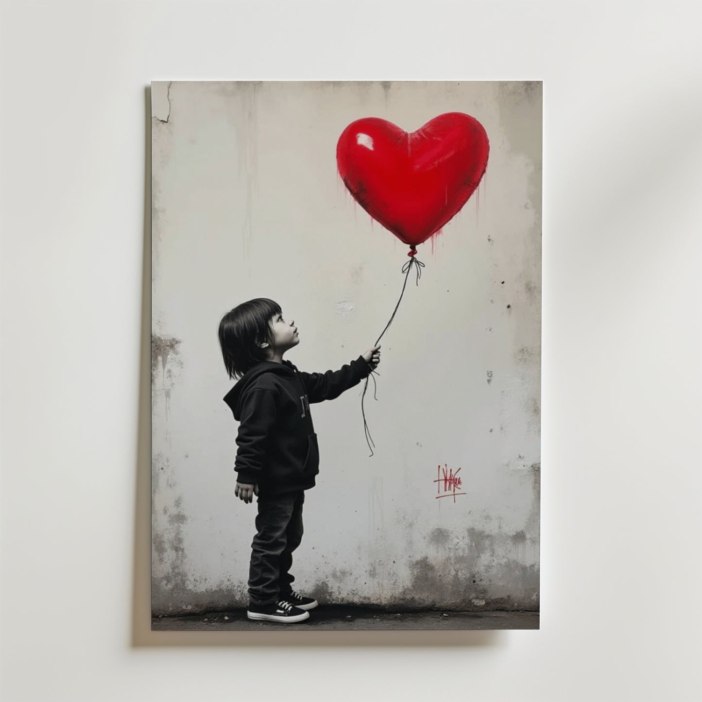 En svartvit bild av ett barn som håller i ett snöre som är fäst vid en röd, hjärtformad ballong pryder Bozetto Girl With Love Balloon Poster, tryckt på premiumpapper med en matt finish som gör att den röda ballongen sticker ut.
