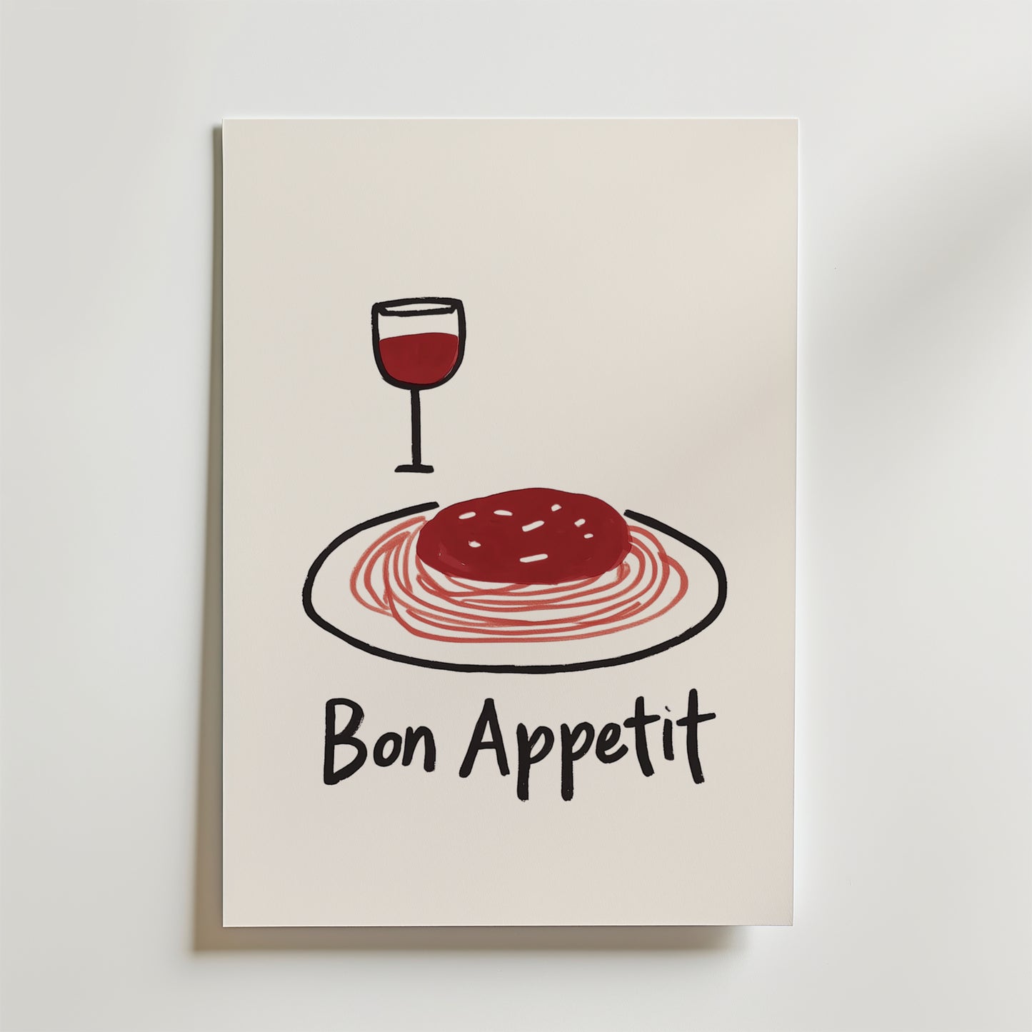 Bon Appetit Poster by Bozetto har en minimalistisk design av spaghetti med röd sås och ett glas rött vin, tryckt på premiumpapper med "Bon Appetit" på en vit bakgrund - perfekt för inredning.