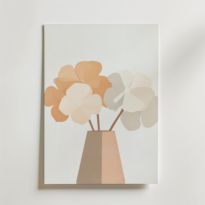 Wildflower Meadow Poster by Bozetto föreställer en brun vas med tre stiliserade blommor i dämpad orange och beige på en ljus bakgrund, tryckt på premiumpapper med en matt finish för en elegant touch.