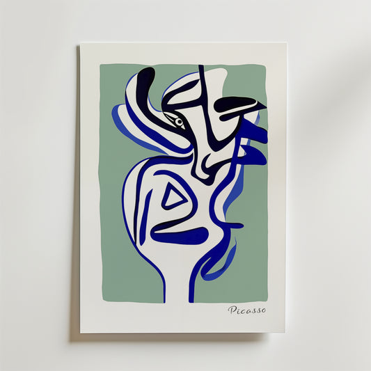 Picasso Mind in Motion Poster av Bozetto har abstrakta svartvita linjer som bildar ett uttrycksfullt ansikte över en dämpad grön bakgrund med blå toner, signerad "Picasso" längst ner till höger och monterad på en vit yta.