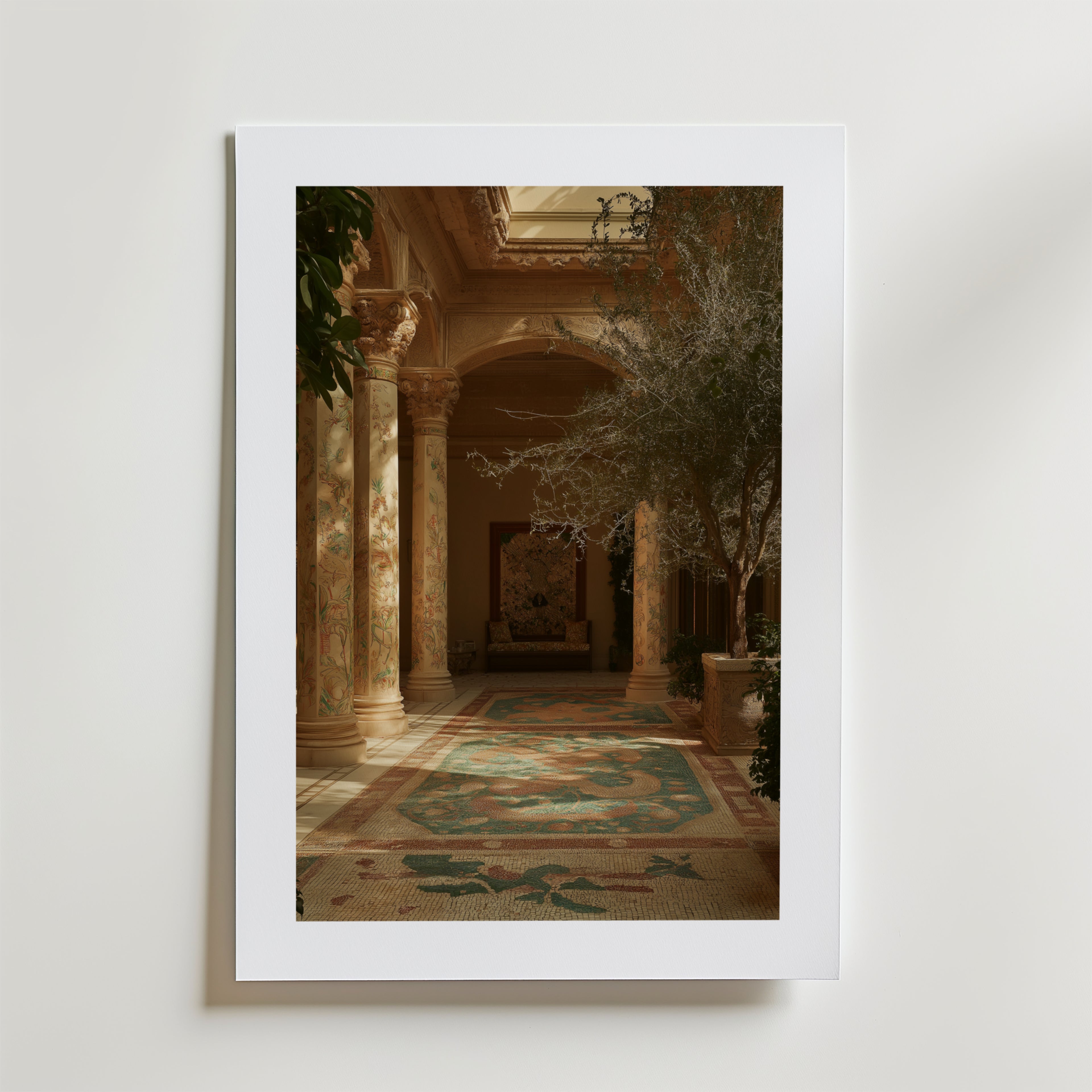 Mediterranean Courtyard Poster by Bozetto visar ett elegant inomhusrum med utsmyckade pelare och frodiga växter, tryckt på FSC-certifierat premiumpapper för en högkvalitativ finish och placerad mot en ljus vägg.