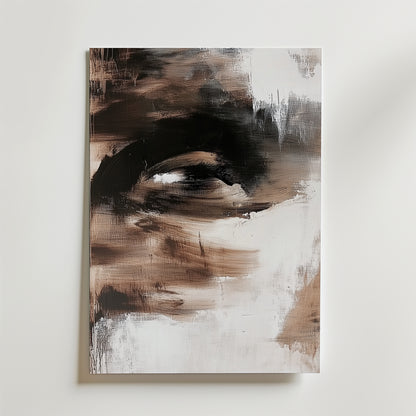 Bozetto Silent Eye Poster föreställer en abstrakt närbild av ett mänskligt öga med uttrycksfulla penseldrag i jordnära brunt, svart och vitt på matt yta, med delvis dolda ansiktsdrag.