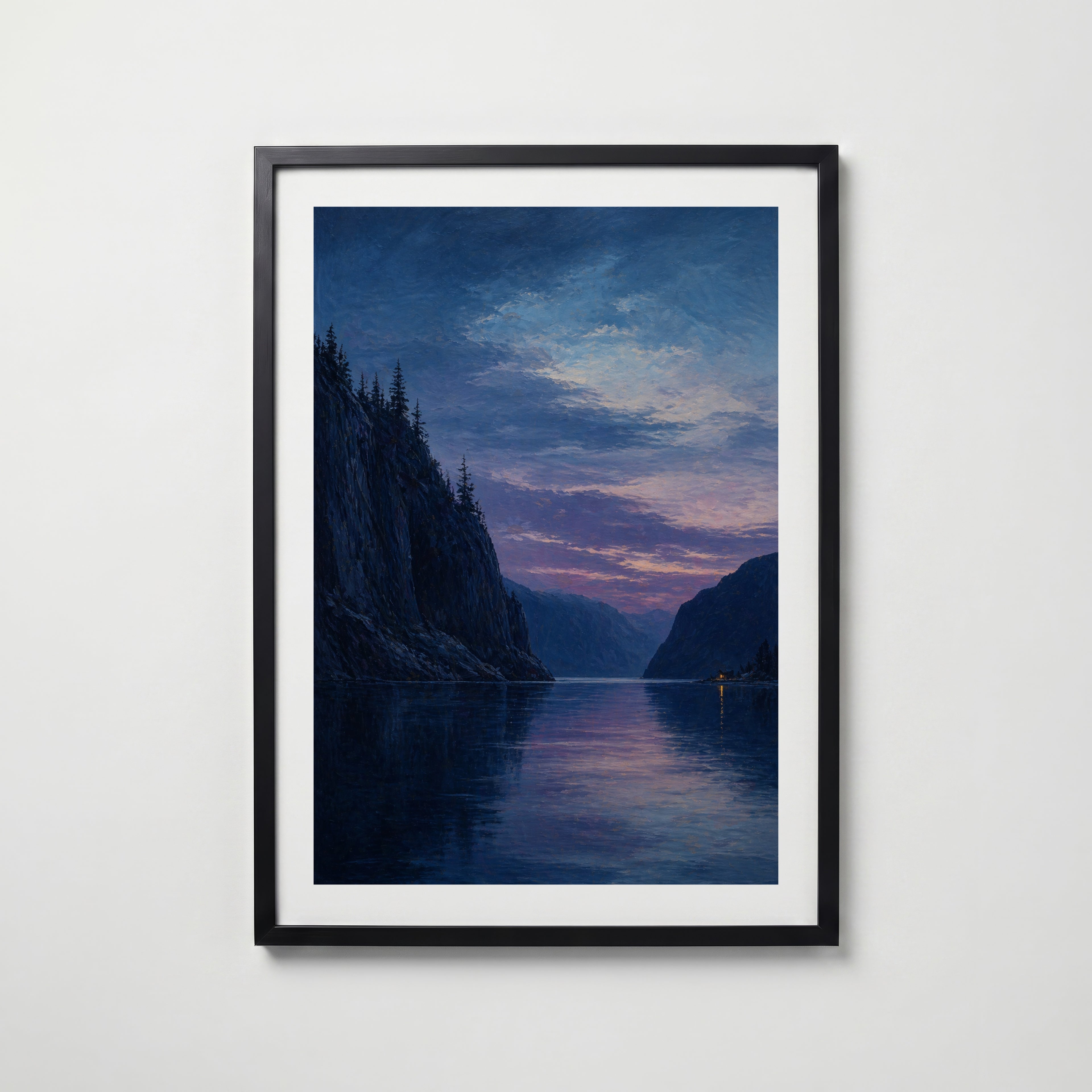 Twilight Fjord Poster i svart ram – stilren konsttryck som väggdekor från Bozetto