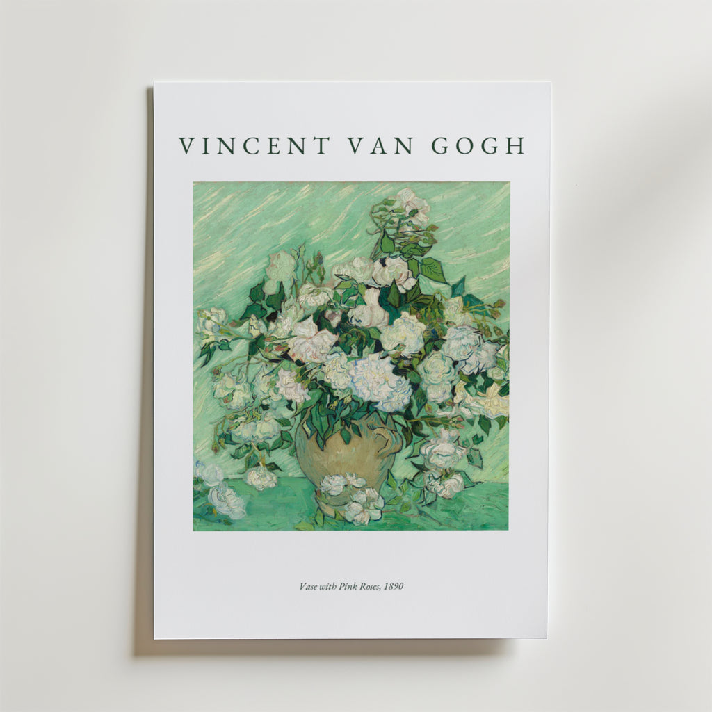 Ett bokomslag med Van Gogh Vase With Pink Roses Poster av Bozetto, som visar ljusa rosor i en vas på en grön bakgrund med Vincent van Goghs namn ovanför - perfekt för konstposterfans.