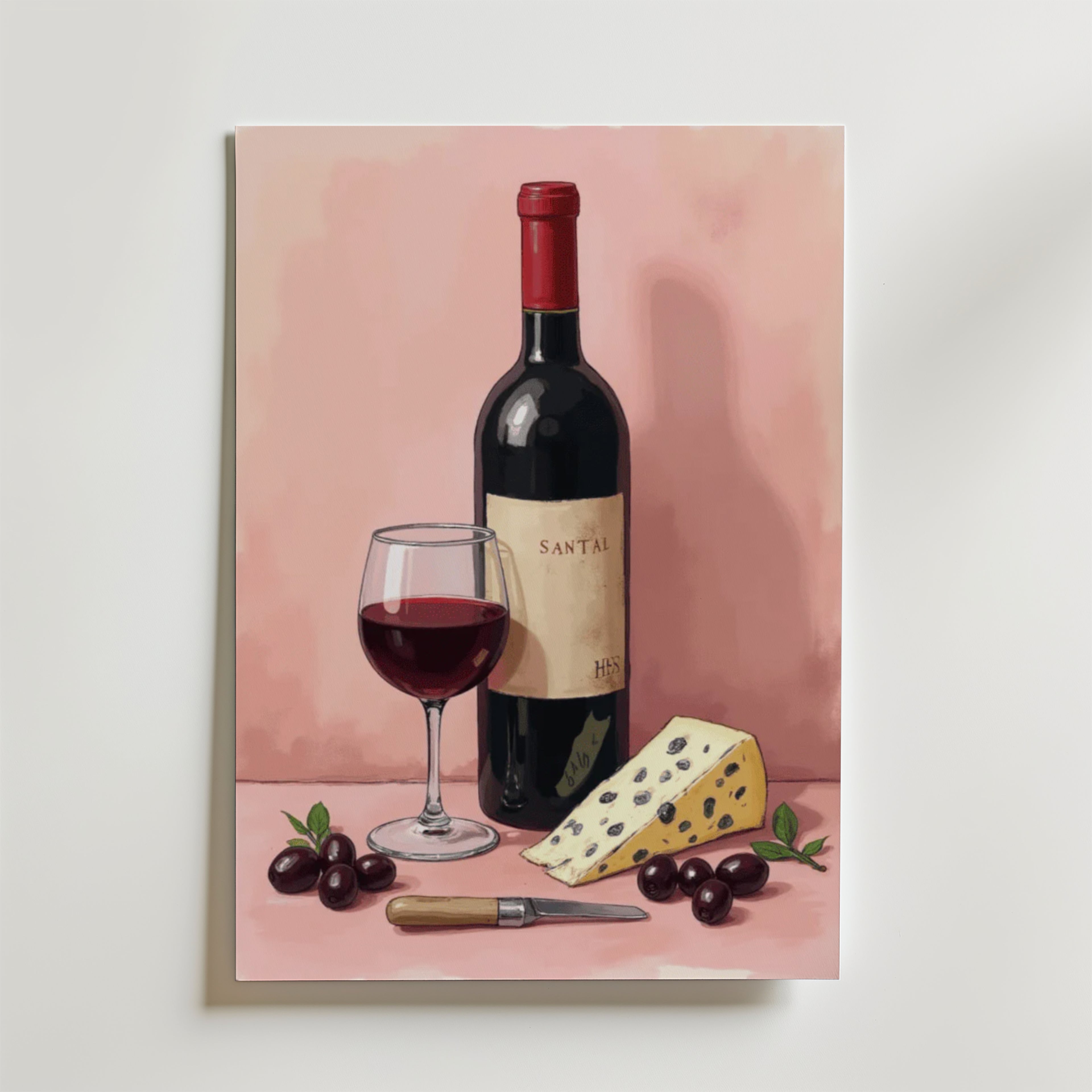 En flaska och ett glas rött vin, blåmögelost, vindruvor och en ostkniv är arrangerade på en rosa yta - perfekt för Bozetto Wine And Cheese Poster tryckt på premiumpapper med lyxigt matt yta.