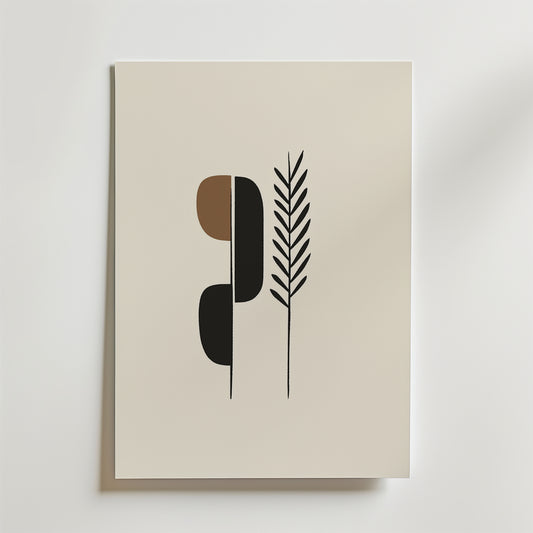 Bozetto Modern Nature Lines Poster föreställer två abstrakta former - brun och svart - staplade vertikalt med en tunn svart linje och ett stiliserat blad på cremefärgat premiumpapper. FSC-certifierad för miljövänlig kvalitet.