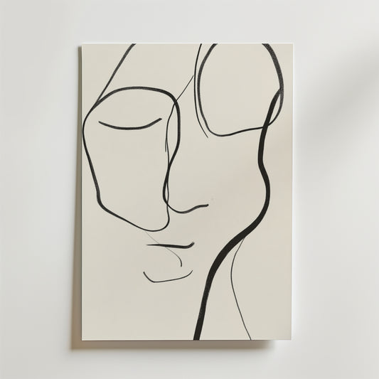 Silent Reflections Poster by Bozetto har en minimalistisk linjeteckning av ett ansikte på matt yta premiumpapper, med enkla svarta linjer för att avbilda slutna ögon, en näsa och läppar i en modern, abstrakt stil.