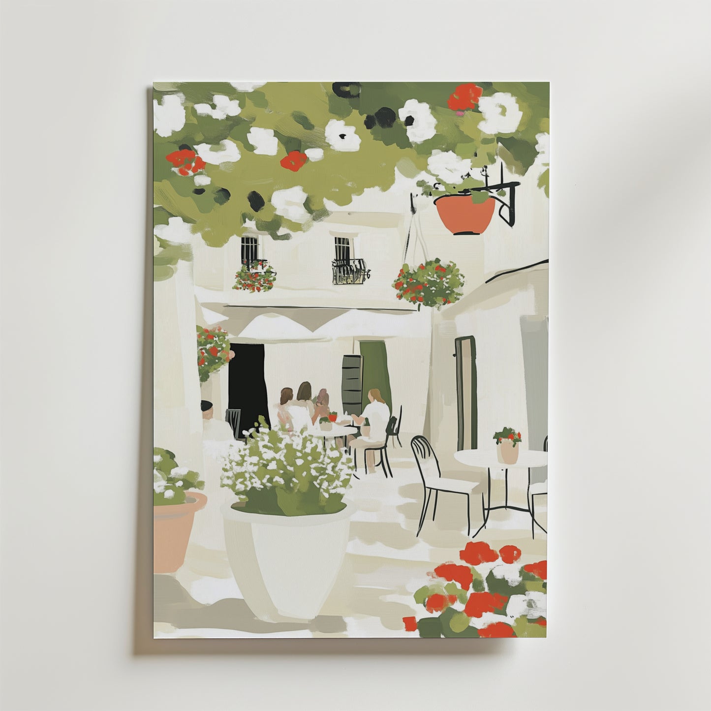 En målning av en uteservering med människor vid bord, krukväxter och hängande växter vid vita byggnader - en avslappnad, solig atmosfär som på Bozetto Flower Garden In Rome Poster.