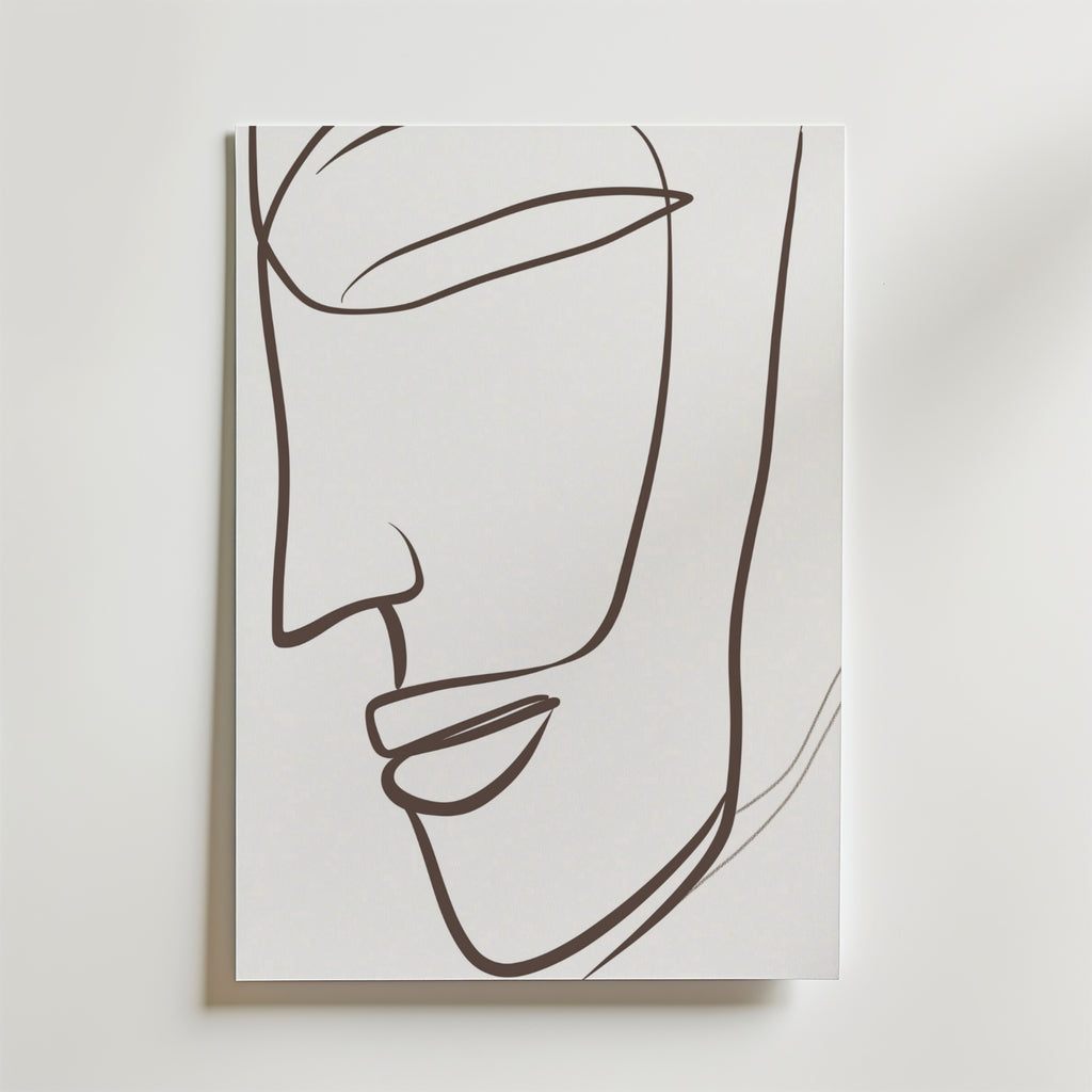 Silent Grace Poster by Bozetto har minimalistiska linjer av en mänsklig sidoprofil i flödande svart på vitt premiumpapper, vilket skapar ett elegant, tidlöst konstverk.