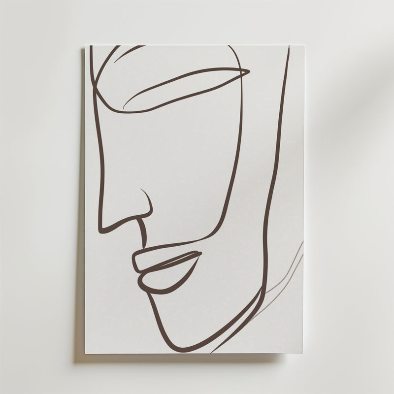 Silent Grace Poster by Bozetto har minimalistiska linjer av en mänsklig sidoprofil i flödande svart på vitt premiumpapper, vilket skapar ett elegant, tidlöst konstverk.