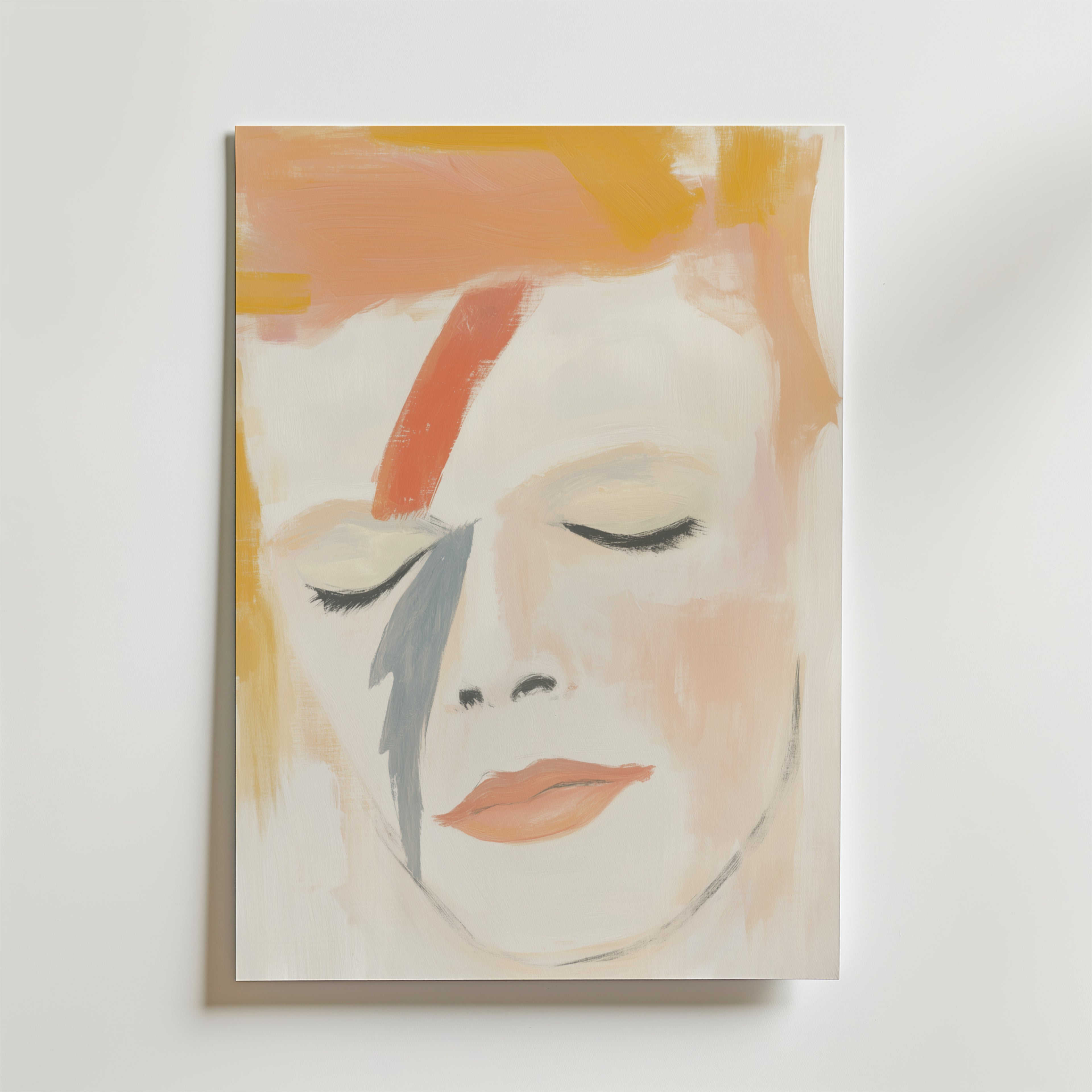 Affischen Starman's Dream från Bozetto visar ett ansikte med slutna ögon, orange hår och en röd och blå blixt på en vit bakgrund - perfekt för högkvalitativ inredning, tryckt på premiumpapper.